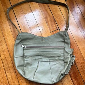 Genuine Leather Shoulder Bag Women's Khaki and Green Purse